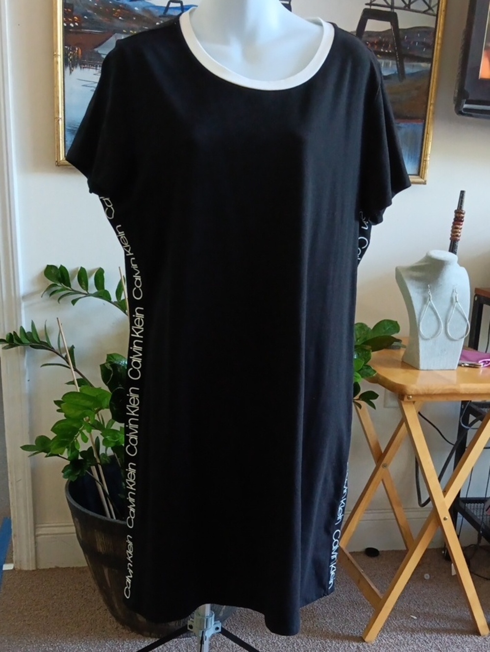 Calvin Klein Black Midi Tee Dress with White Neck Trim